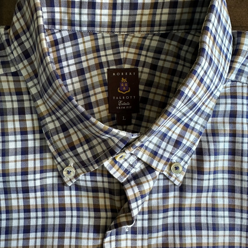 Robert Talbott Estate Trim Fit Blue Gold Check Long Sleeve Shirt Bespoke LARGE